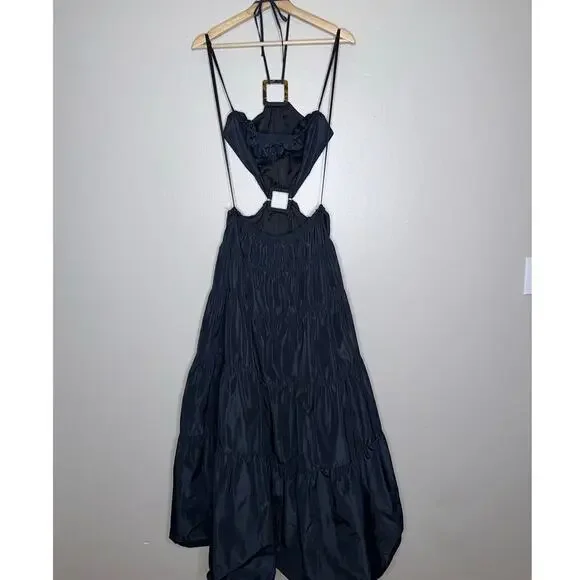 Staud Dome Halter Neck Cut Out Maxi Dress Tiered Skirt Black Size Medium - Picture 9 of 10